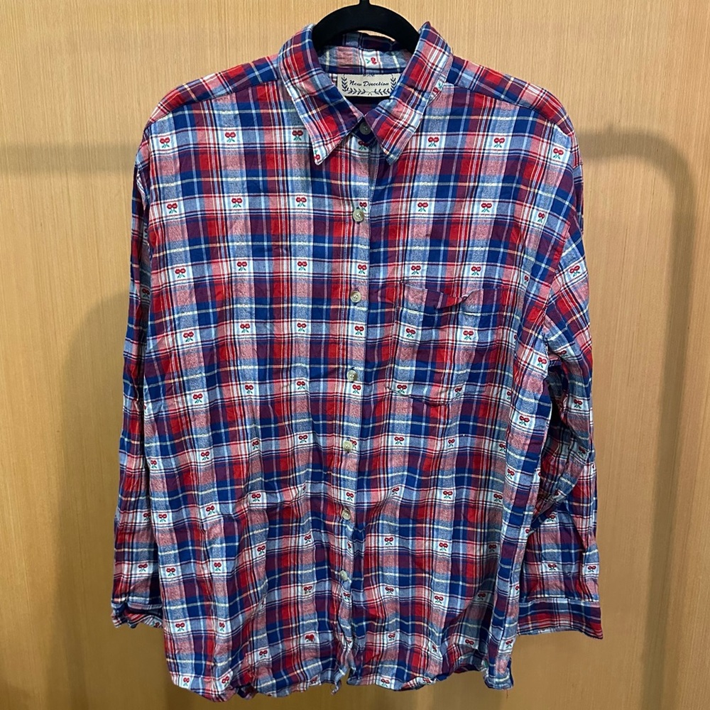 Vintage 100% Cotton Plaid Button Up With Embroidered Cherries | Size L